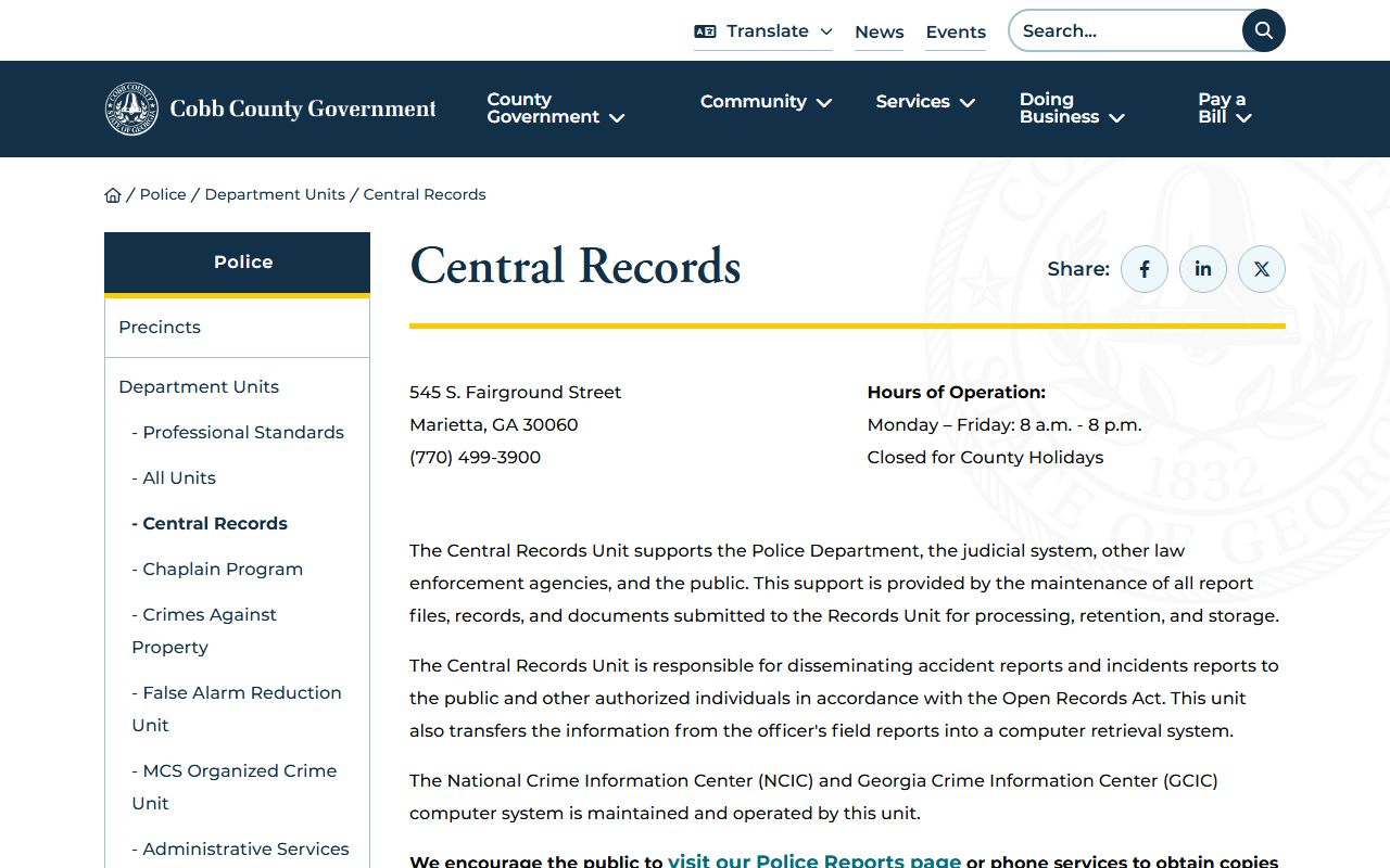 Cobb County Central Records Unit felony records