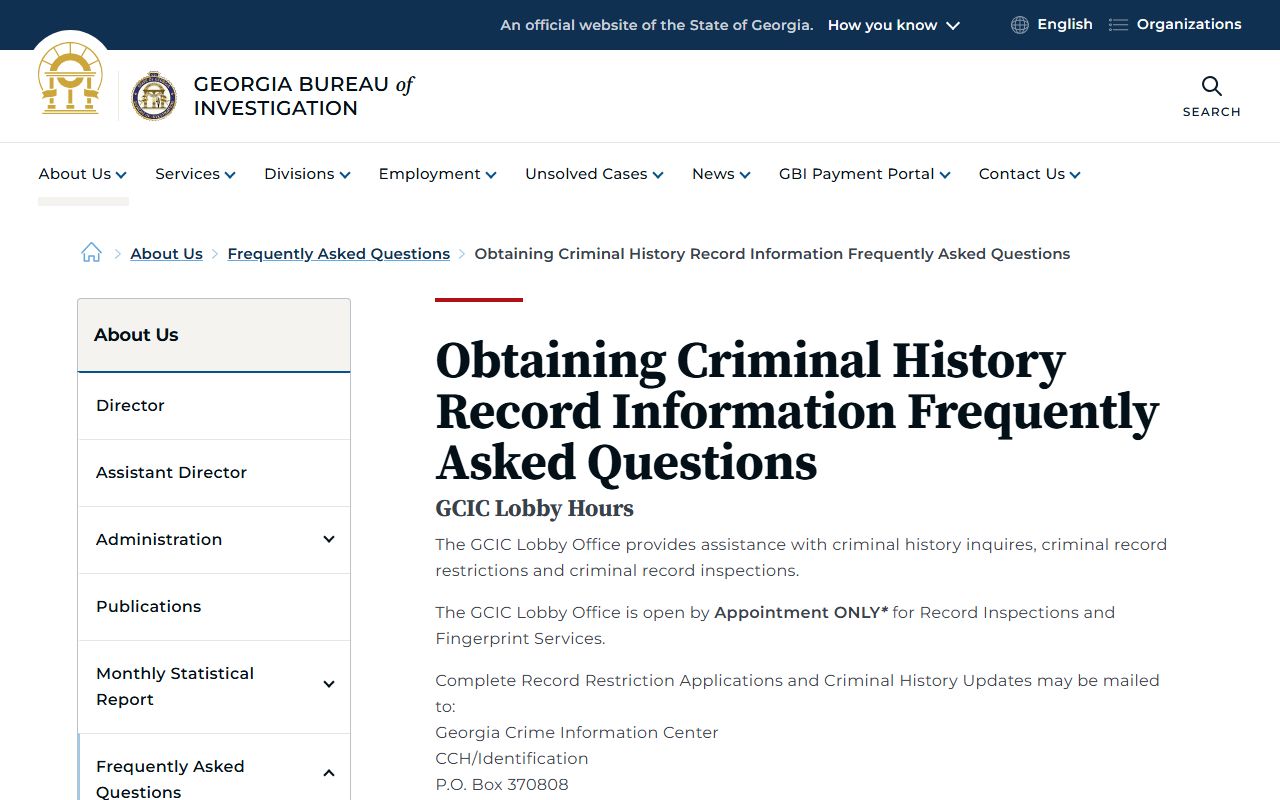 GBI criminal history FAQ page for Georgia felony records