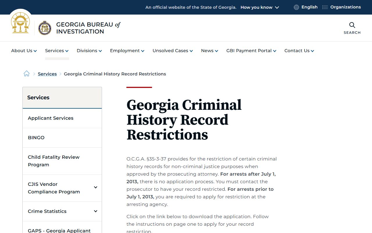 GBI record restrictions page for Georgia felony records