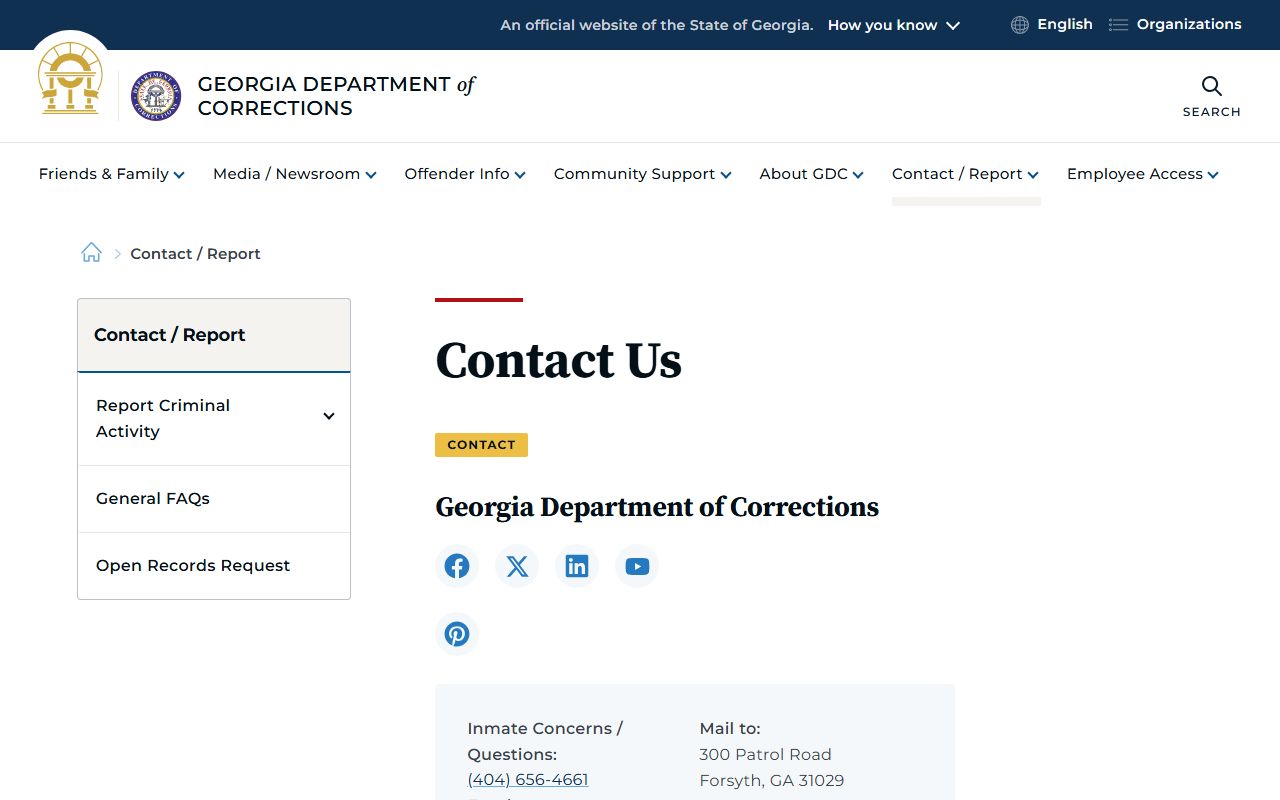 Georgia Department of Corrections contact page for felony record inquiries