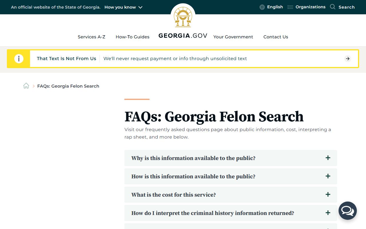 Georgia Felon Search FAQ page for felony record questions