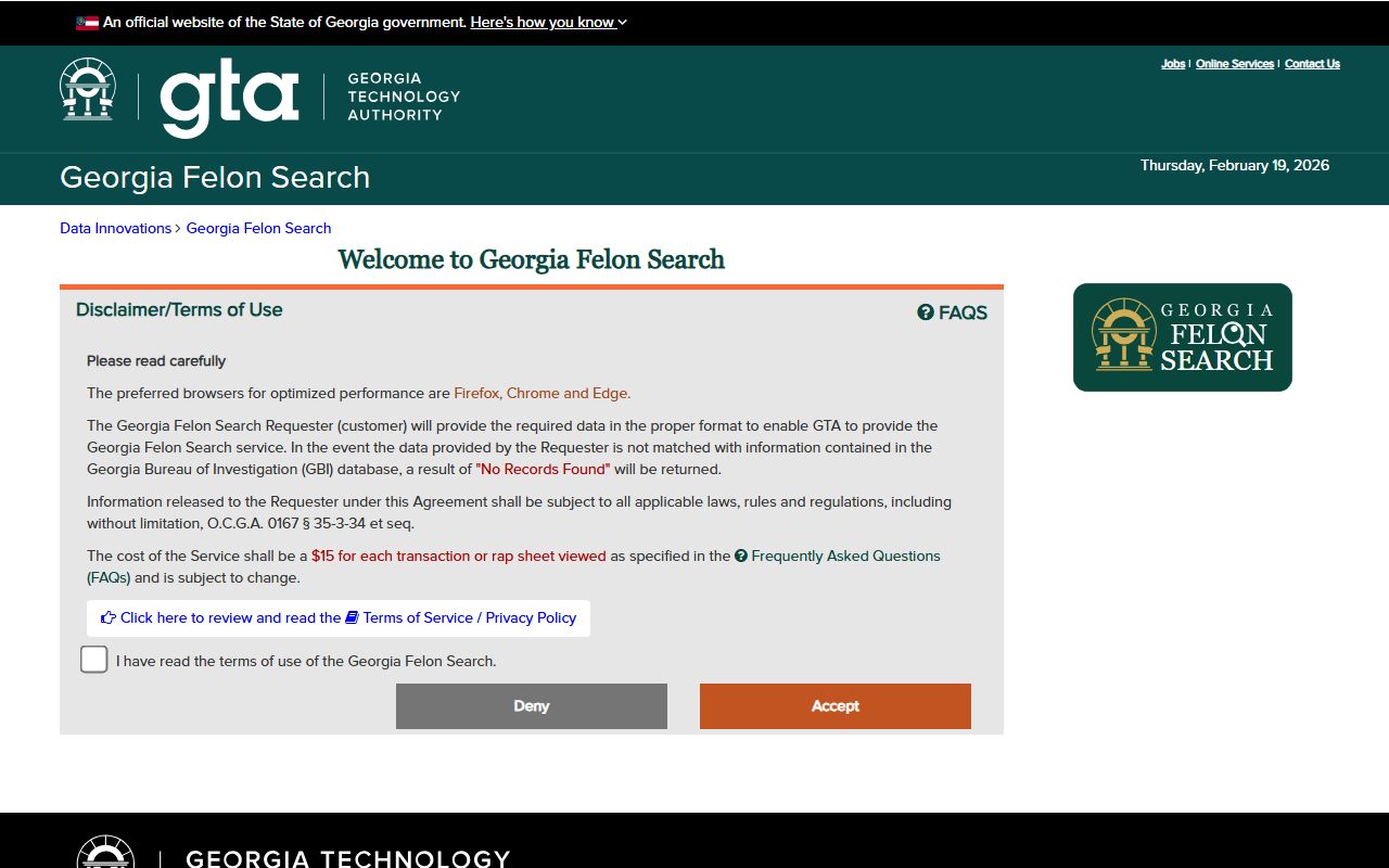 Georgia Felon Search portal for looking up felony records