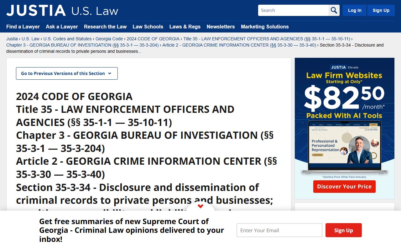 O.C.G.A. 35-3-34 statute page on disclosure of Georgia felony records